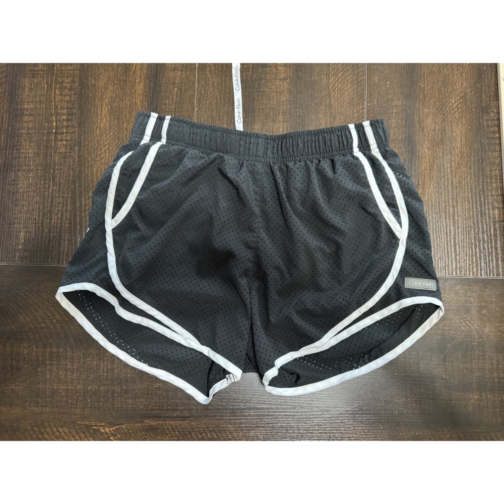 Calvin Klein Women Black Perforated Running Shorts White Trim Size S PFMS8965